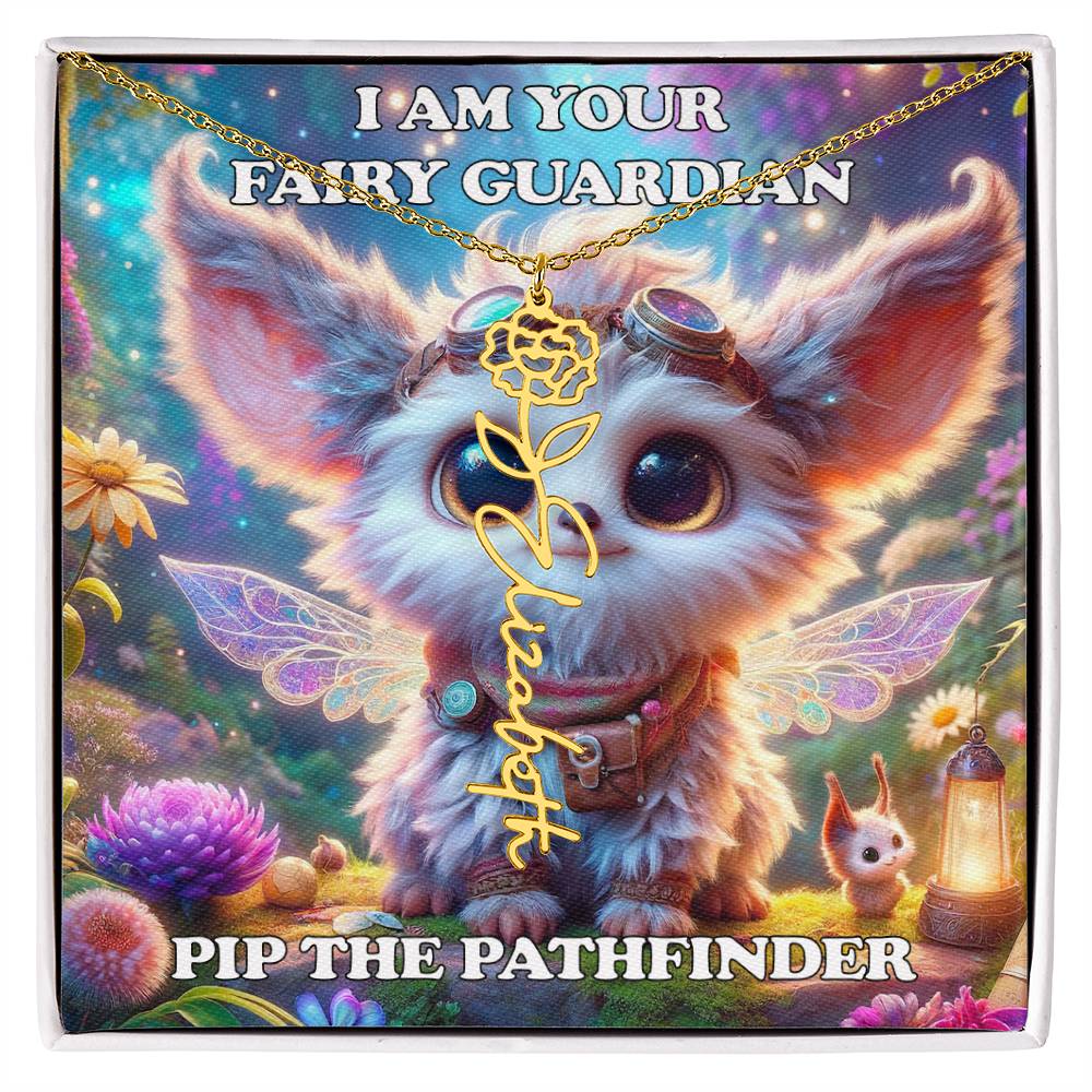 Combined Birth Flower with Personalized Name Necklace - Custom Floral Name - Birthday Present - Pip the Pathfinder Fairyland Guardian
