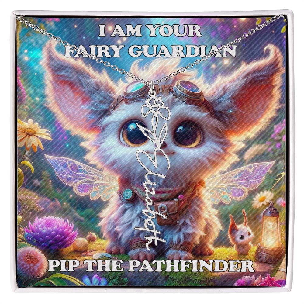 Combined Birth Flower with Personalized Name Necklace - Custom Floral Name - Birthday Present - Pip the Pathfinder Fairyland Guardian