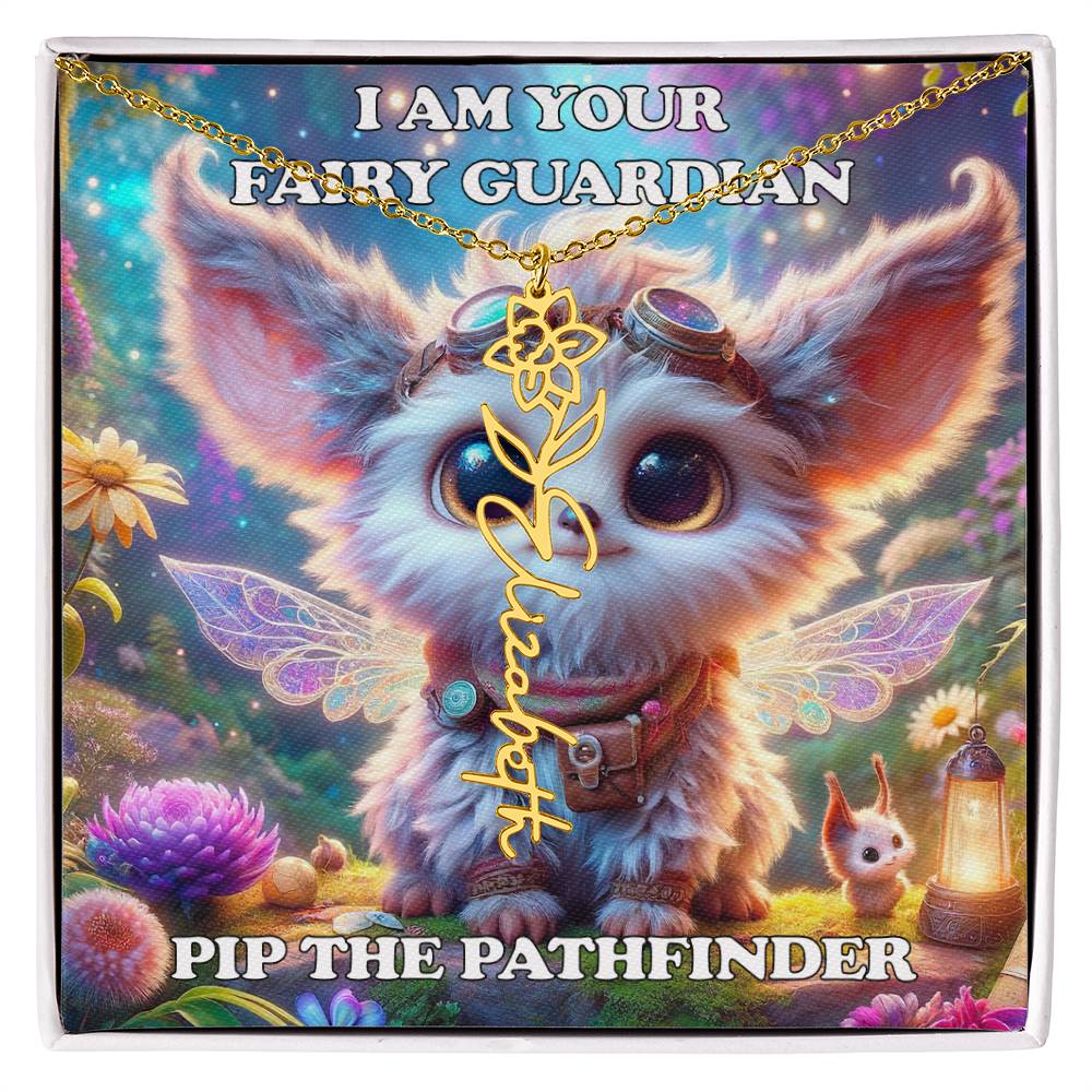 Combined Birth Flower with Personalized Name Necklace - Custom Floral Name - Birthday Present - Pip the Pathfinder Fairyland Guardian