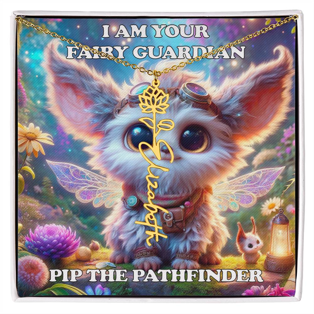 Combined Birth Flower with Personalized Name Necklace - Custom Floral Name - Birthday Present - Pip the Pathfinder Fairyland Guardian