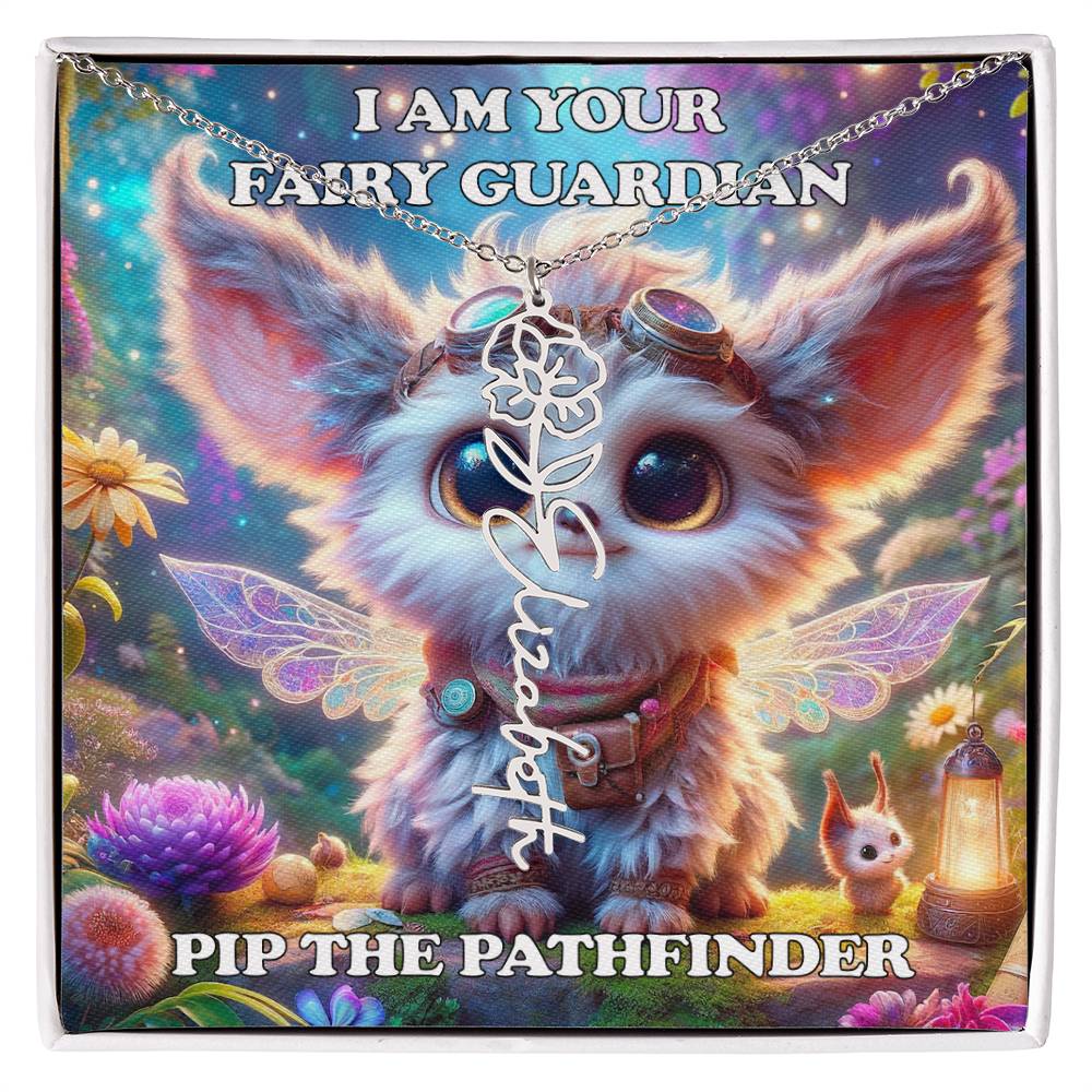 Combined Birth Flower with Personalized Name Necklace - Custom Floral Name - Birthday Present - Pip the Pathfinder Fairyland Guardian