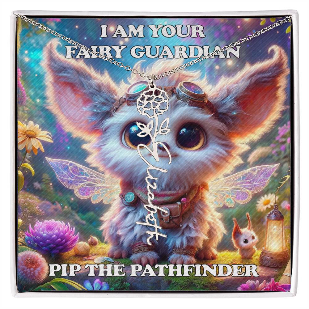 Combined Birth Flower with Personalized Name Necklace - Custom Floral Name - Birthday Present - Pip the Pathfinder Fairyland Guardian