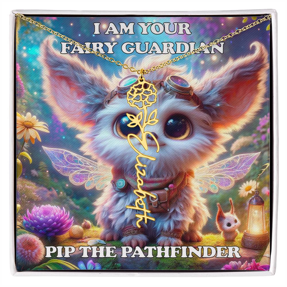 Combined Birth Flower with Personalized Name Necklace - Custom Floral Name - Birthday Present - Pip the Pathfinder Fairyland Guardian