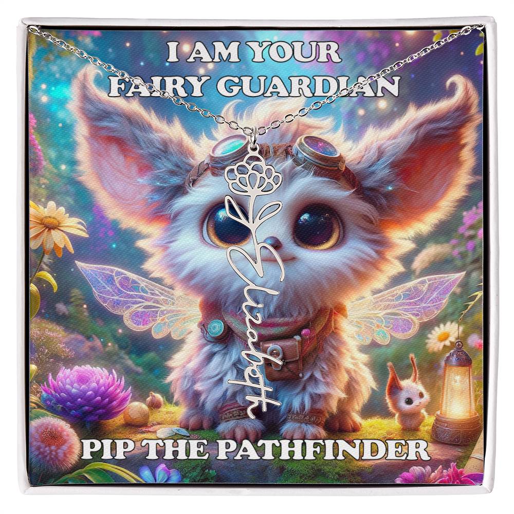 Combined Birth Flower with Personalized Name Necklace - Custom Floral Name - Birthday Present - Pip the Pathfinder Fairyland Guardian