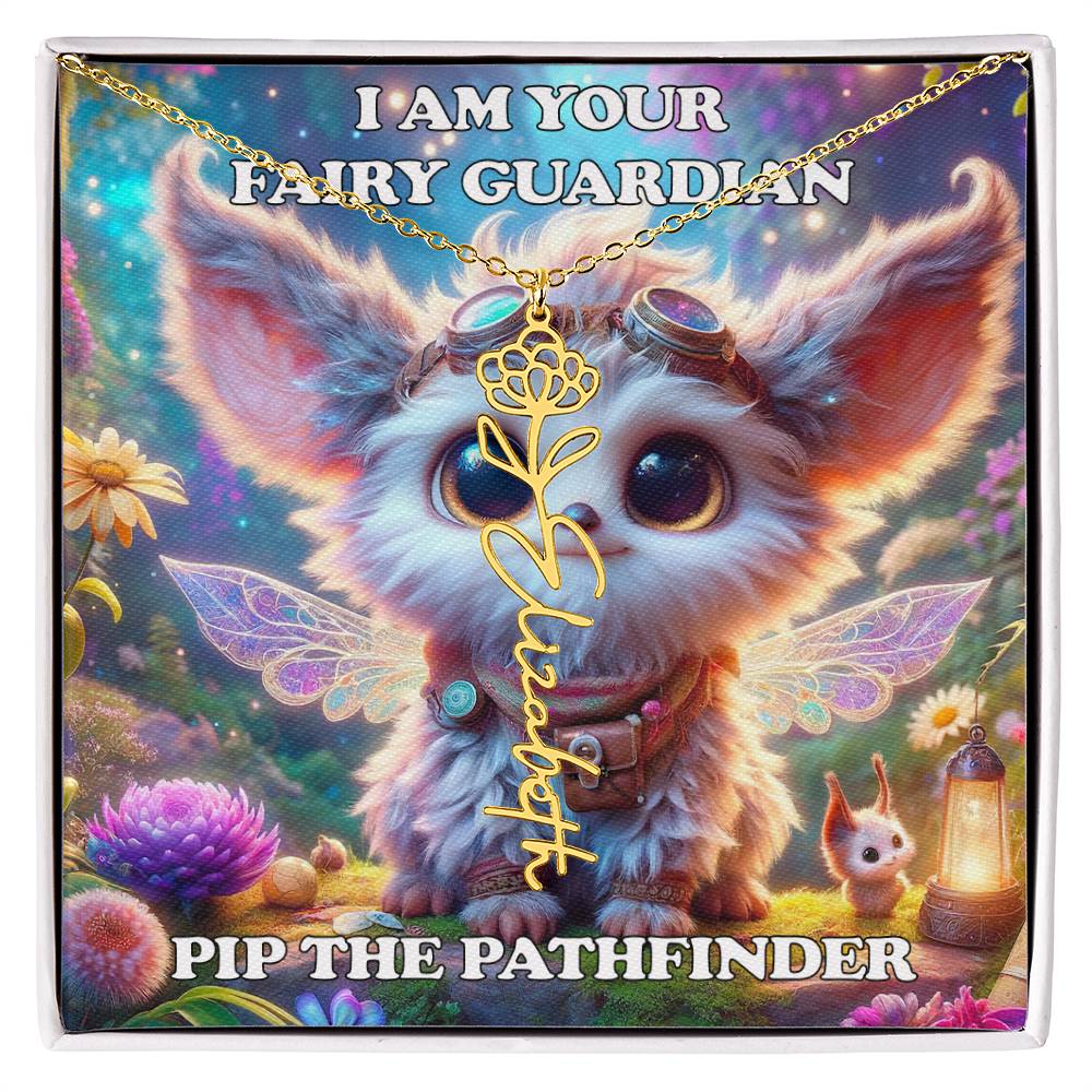 Combined Birth Flower with Personalized Name Necklace - Custom Floral Name - Birthday Present - Pip the Pathfinder Fairyland Guardian