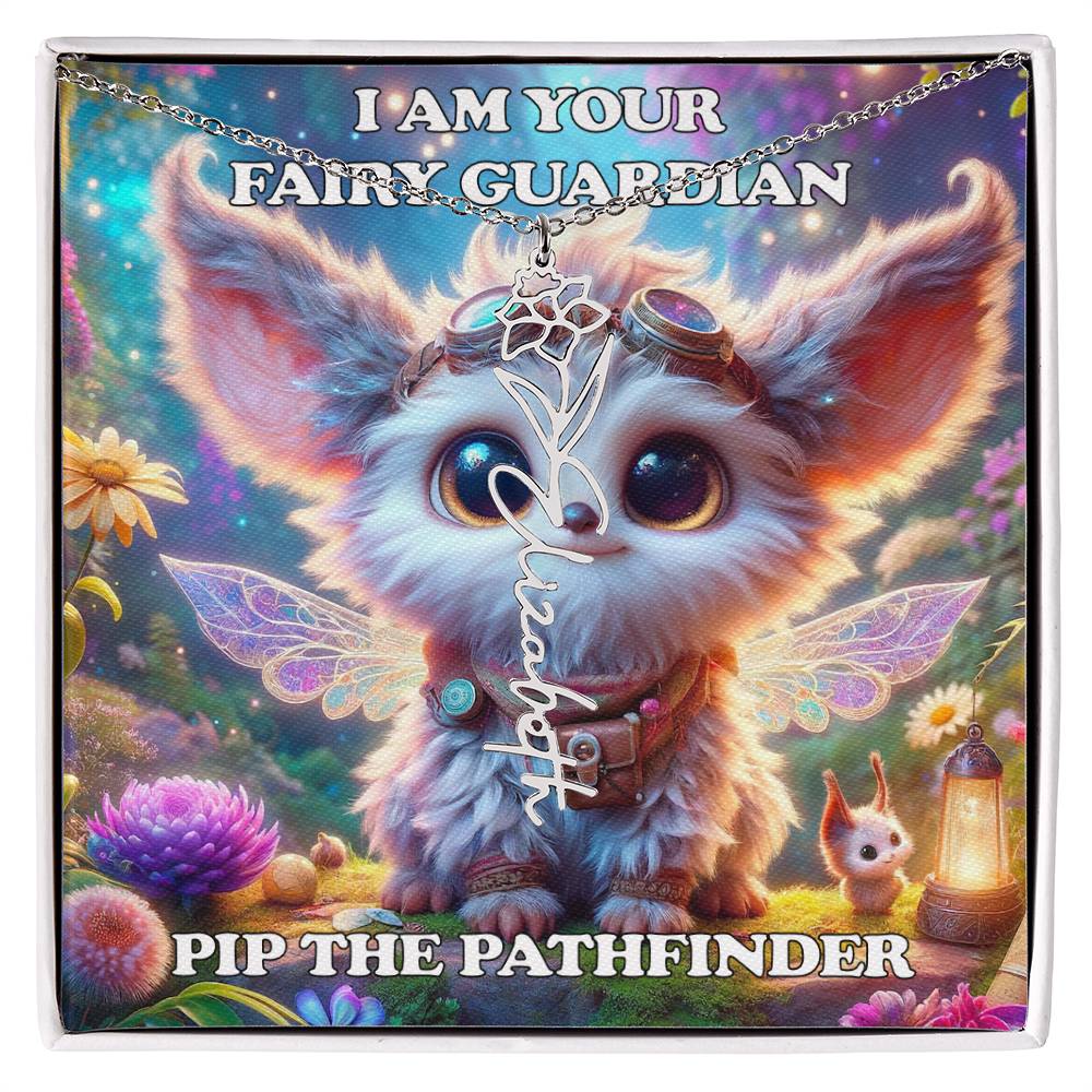 Combined Birth Flower with Personalized Name Necklace - Custom Floral Name - Birthday Present - Pip the Pathfinder Fairyland Guardian